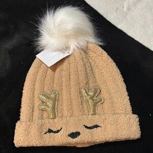 Claire's Tan and White Pom Pom Hat